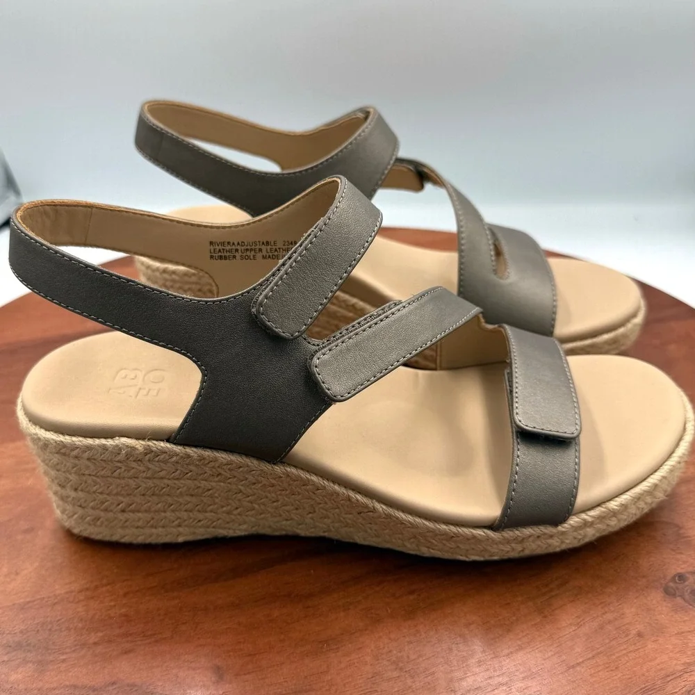 Abeo‎ Riviera Adjustable Wedge Espadrille Sandal Fossil Leather Womens 7.5 MET